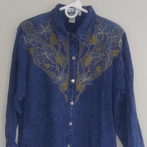 Vintage Club 'Z' Denim Acid Wash Embroidery and Beaded Shirt, size Medium